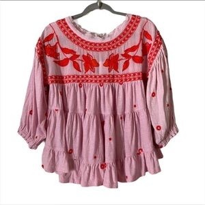 Pink and Red Embroidered Blouse